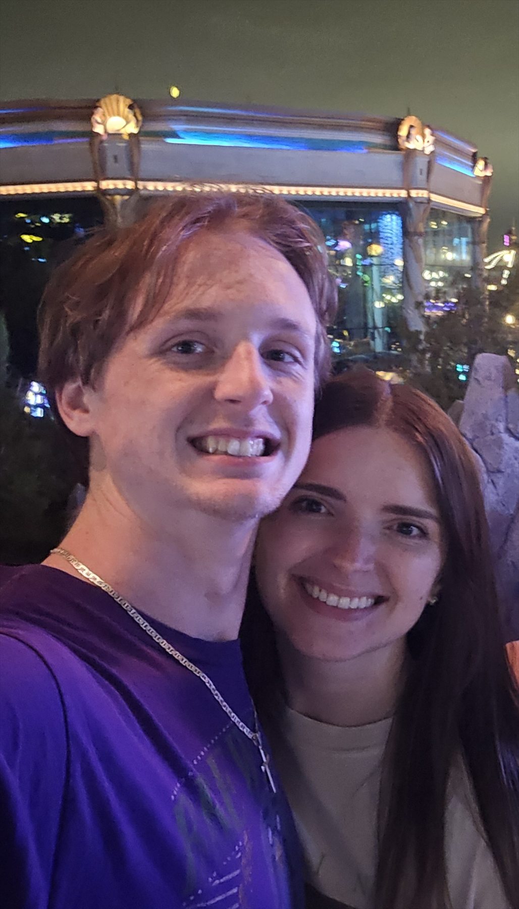 Hannah and Lucas smiling during a night out